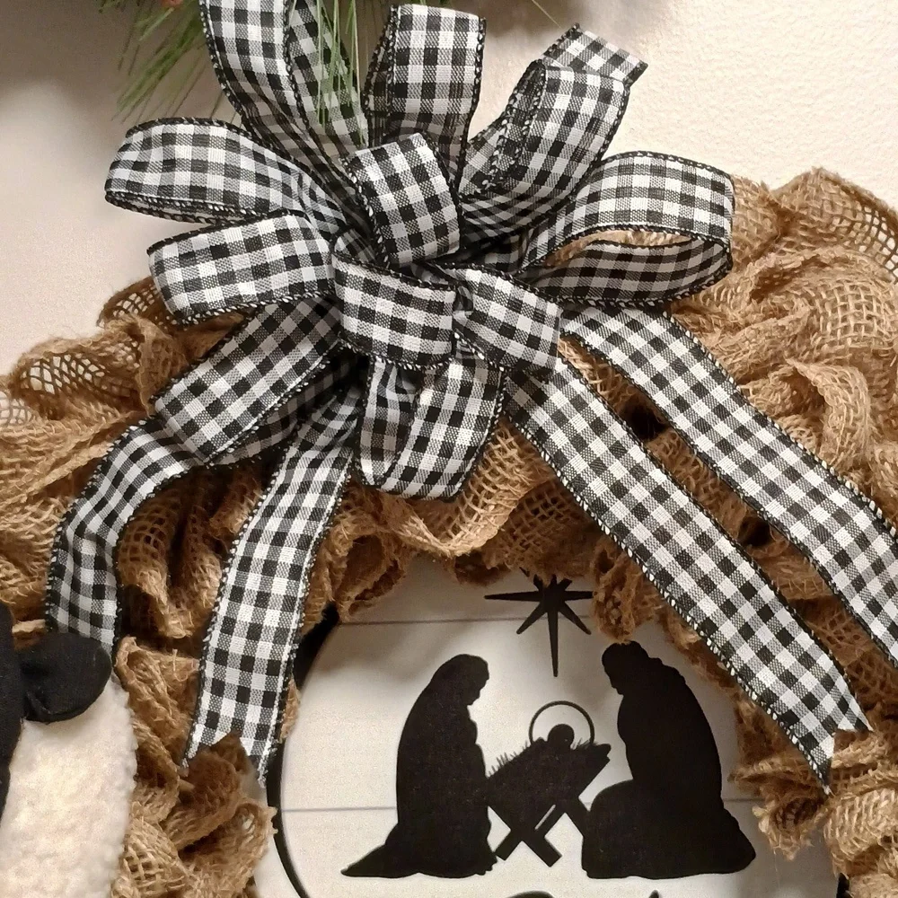 Rustic Burlap Holiday Wreath with Believe Metal Sign And Sheep